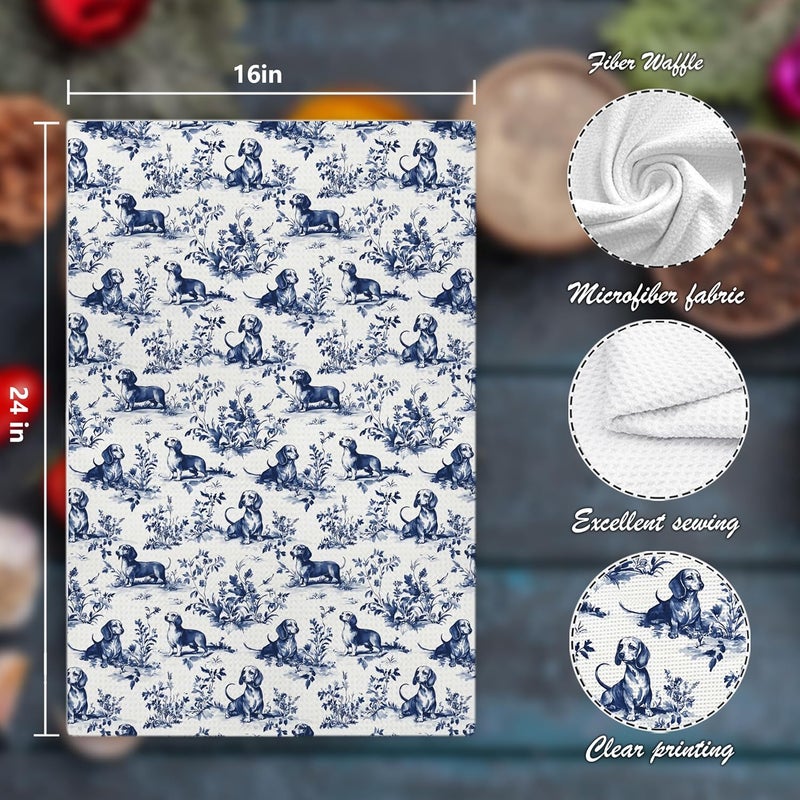 Nipil Chinoiserie Dachshund Floral Kitchen Towels, Blue and White Floral Botanical Dachshund Decorative Dish Tea Towels, Grandmillennial Weiner Dog Hand Towels for Kitchen Bathroom, 16x24 Inch - Image 2